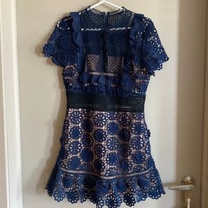 Self Portrait Navy Blue Short Sleeve Mini Dress with Pockets